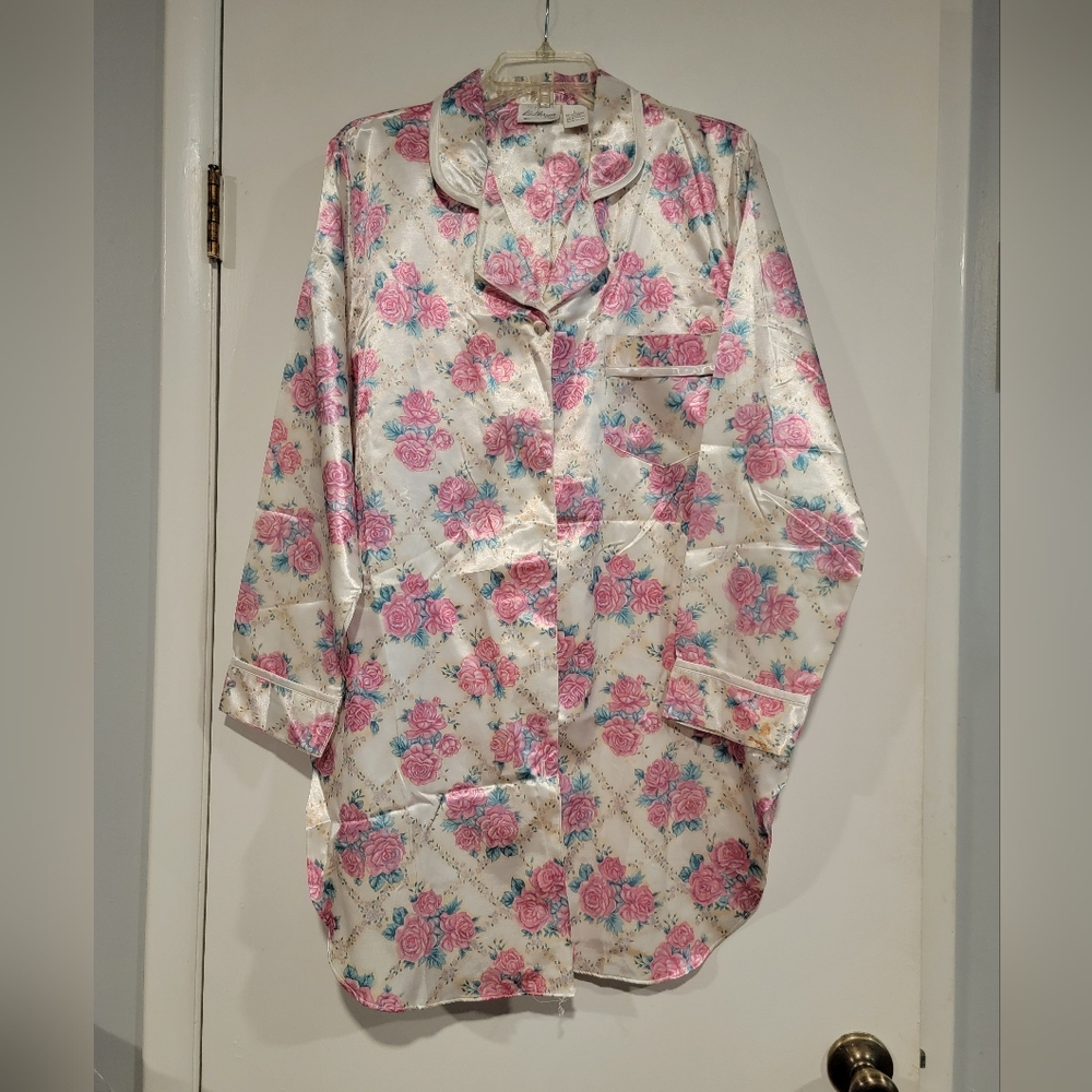 Floral Sateen Pajama Shirt - Pink and Ivory
